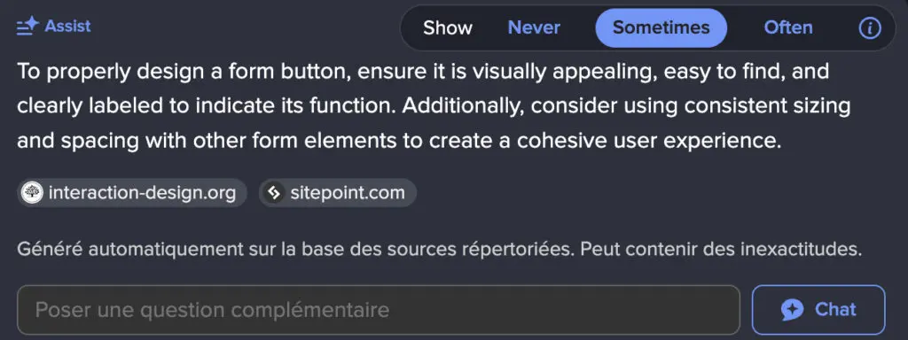 Sous la réponse IA, DuckDuckGo affiche une boite de dialogue.