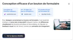 Interface de la réponse par Qwant: la requête est reformulée accompagnée de sources et d'une réponse brève avec un bouton "voir la réponse détaillée".