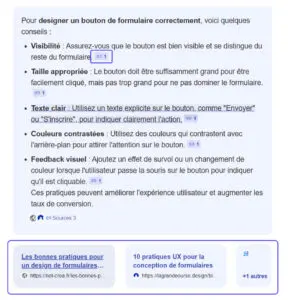 Bing déroule une réponse complète avec des notes sur chaque ligne d'information qui renvoient à une liste de sources sous la réponse.