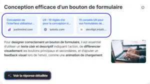 Présentation des sources dans Qwant sous forme de cards au dessus de la réponse IA.