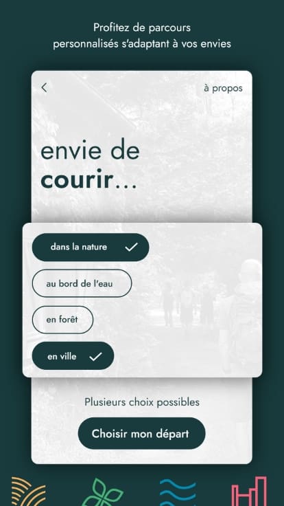 Choix de l'environnement de votre parcours : dans la nature, au bord de l'eau, en forêt ou en ville