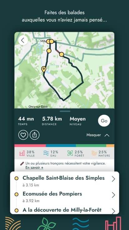 Ecran de détail du parcours avec mise en avant des points d'intérêts.