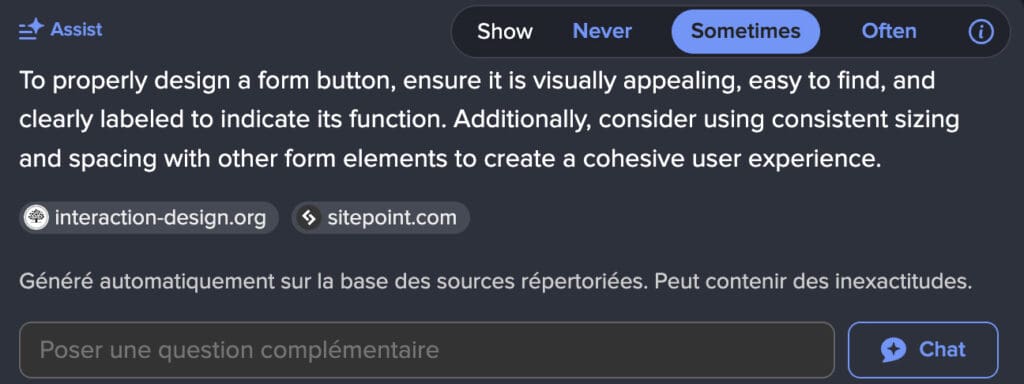 Sous la réponse IA, DuckDuckGo affiche une boite de dialogue.