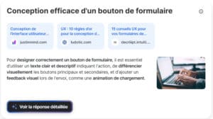 Interface de la réponse par Qwant: la requête est reformulée accompagnée de sources et d'une réponse brève avec un bouton "voir la réponse détaillée".