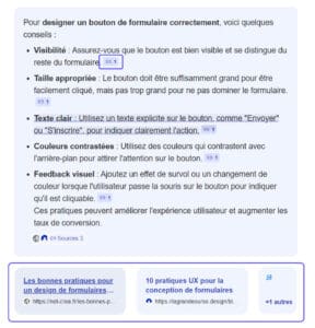 Bing déroule une réponse complète avec des notes sur chaque ligne d'information qui renvoient à une liste de sources sous la réponse.