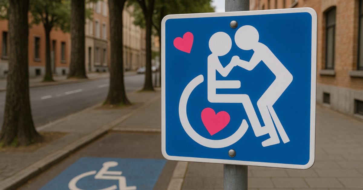 Un panneau indiquant un espace de stationnement réservé aux personnes en situation de handicaps. La place n'est pas réellement accessible.