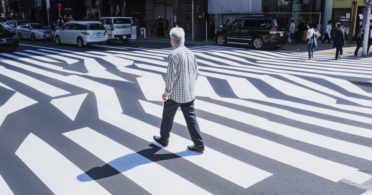 Un homme traverse un passage piéton en ville. Le marquage du passage piéton est abstrait et n'aide pas a comprendre le sens de circulation.