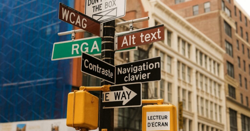 Pour symbolisé l'accessibilité numérique. Un poteau de signalisation urbain avec plusieurs panneaux avec des indications pour WCAG, RGAA, et d'autres instructions comme Contraste ou Navigation.